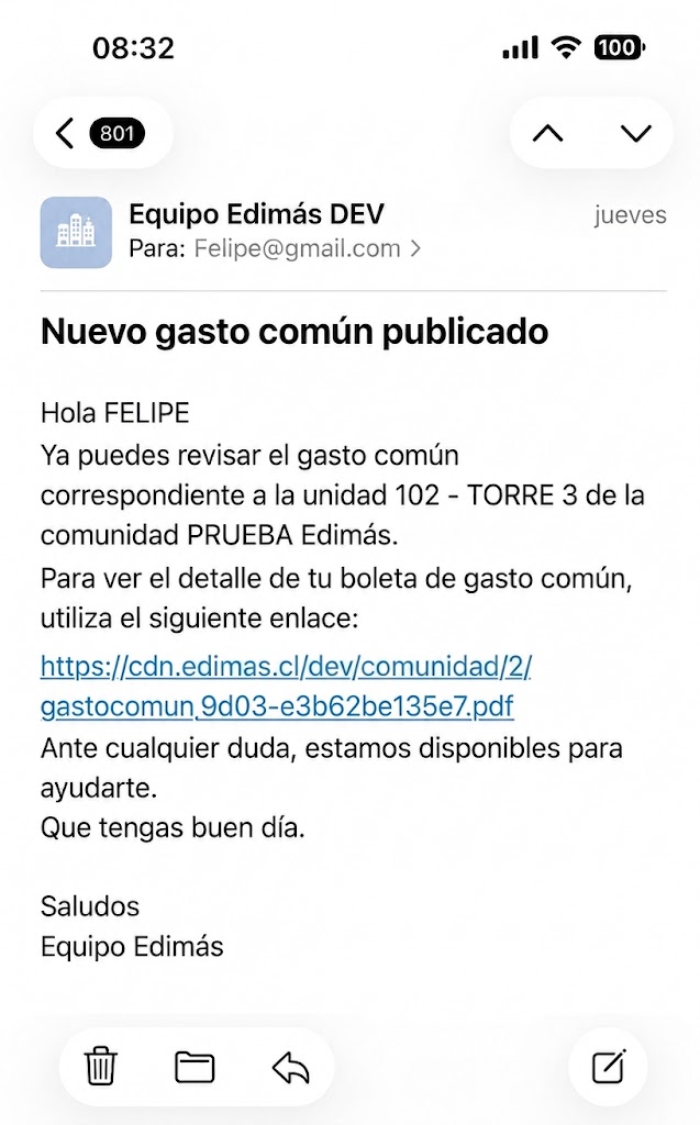 Correo de gasto común enviado por Edimás